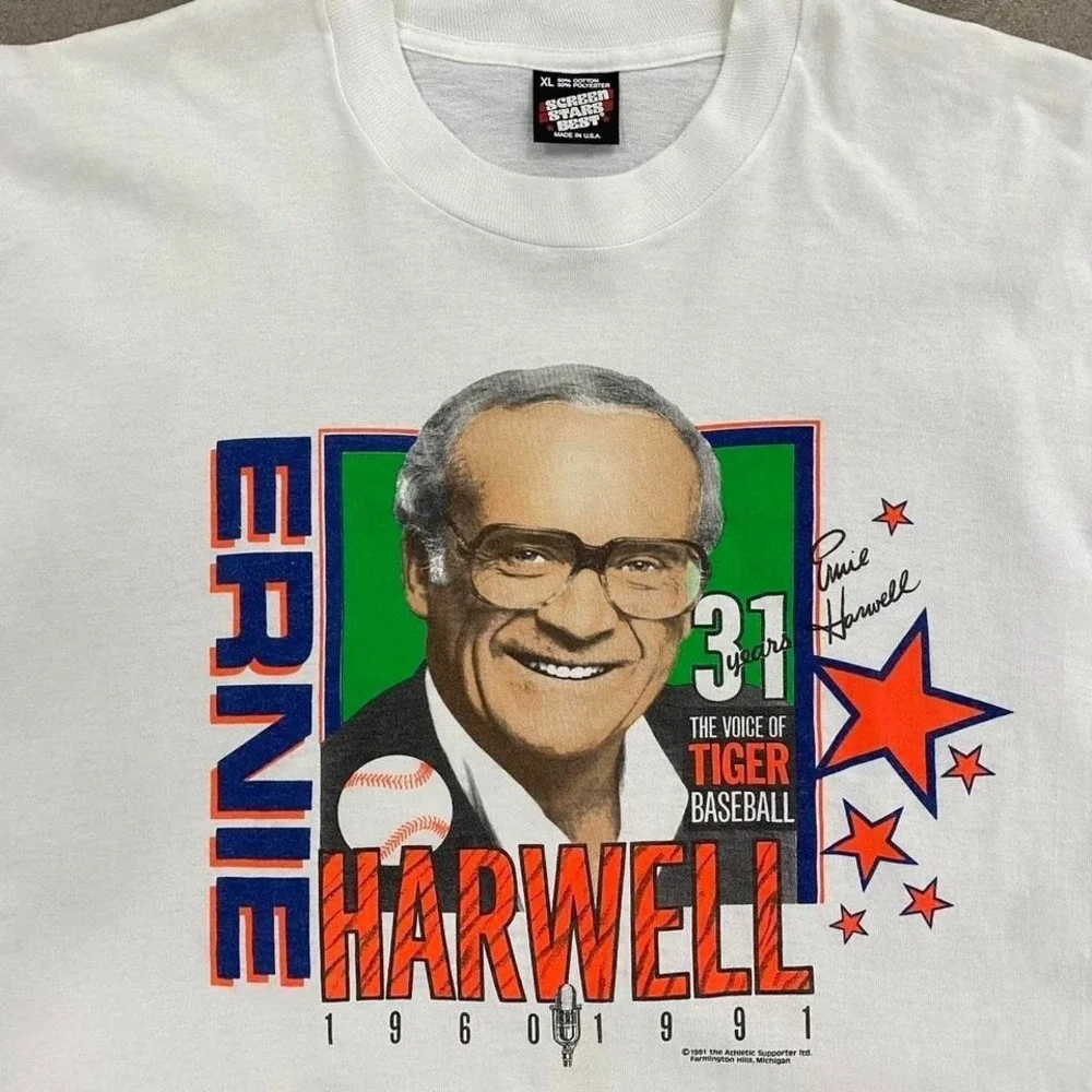 Vintage 1991 Detroit Tiger Ernie‎ Harrell Retirement T-Shirt MLB Screen Stars XL